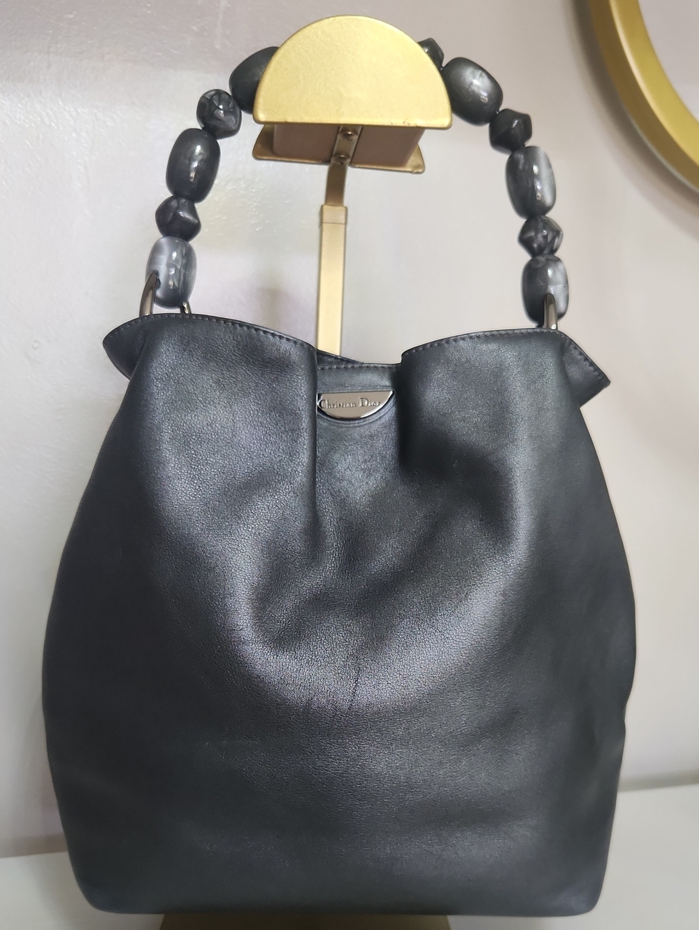 Dior Maris Pearl Grey Leather Bag with Stunning Beaded Handle